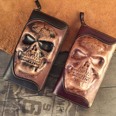 [On Sale]Handmade Genuine Leather Mens Clutch Cool Long Wallet Skull Zipper Clutch Wristlet Wallet for Men