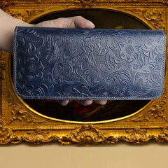 Handmade Leather Floral Mens Cool Travel Long Wallet Card Holder Card Slim Clutch Wallets for Men