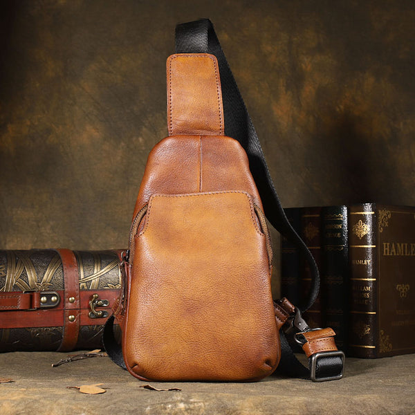 Handmade Brown Leather Mens Sling Bag One Shoulder Backpack Chest Bag for men - iwalletsmen