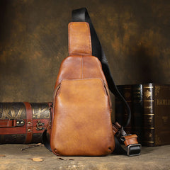 Handmade Brown Leather Mens Sling Bag One Shoulder Backpack Chest Bag for men - iwalletsmen
