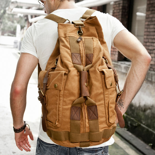 Khaki CANVAS Barrel MENS 20'' Bucket BACKPACK Brown Travel Backpack Khaki One Shoulder Hiking Bag For Men FOR MEN - iwalletsmen