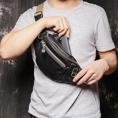 Best Black Leather Fanny Pack Men's Black Chest Bag Best Hip Bag Waist Bag For Men - iwalletsmen