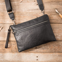 Black Cool Leather Mens Wristlet Bag Clutch Black Slim Messenger Bag Side Bag for Men - iwalletsmen