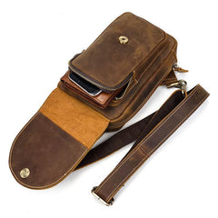 Leather Men's 8 inches Brown Sling Bag Chest Bag Dark Brown One Shoulder Backpack For Men - iwalletsmen