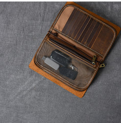 Brown Leather Mens Bifold Canvas Travel Clutch Bag Long Wallet For Men - iwalletsmen