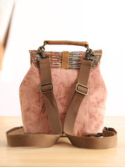 Cute Canvas Leather Mens Womens Small Pink Backpack Khaki Travel Backpack College Backpack for Men - iwalletsmen