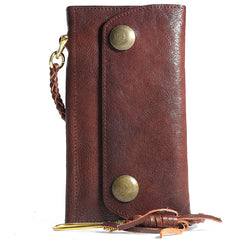 Cool Leather Mens Black Long Chain Wallet Brown Long Trifold Biker Wallet for Men - iwalletsmen