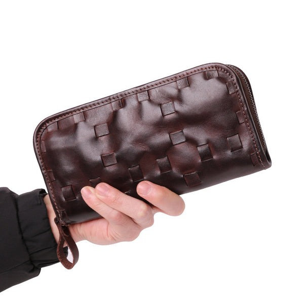 Vintage Brown Leather Men's Clutch Long Wallet Zipper Black Wristlet Wallet For Men - iwalletsmen
