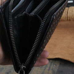 Genuine Leather Mens Cool Long Leather Wallet Zipper Clutch Wristlet Wallet for Men