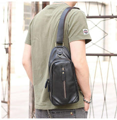 Black Cool Leather Mens Sling Bag Chest Bag Black One Shoulder Backpack For Men - iwalletsmen