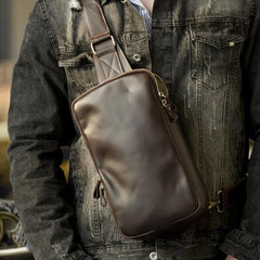 Handmade Leather Mens Cool Chest Bag Sling Bag Crossbody Bag Travel Bag Hiking Bag for men