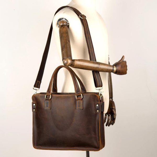 Vintage Brown Leather Mens 14 inches Briefcase Laptop Briefcase Business Bags Work Bags for Men - iwalletsmen