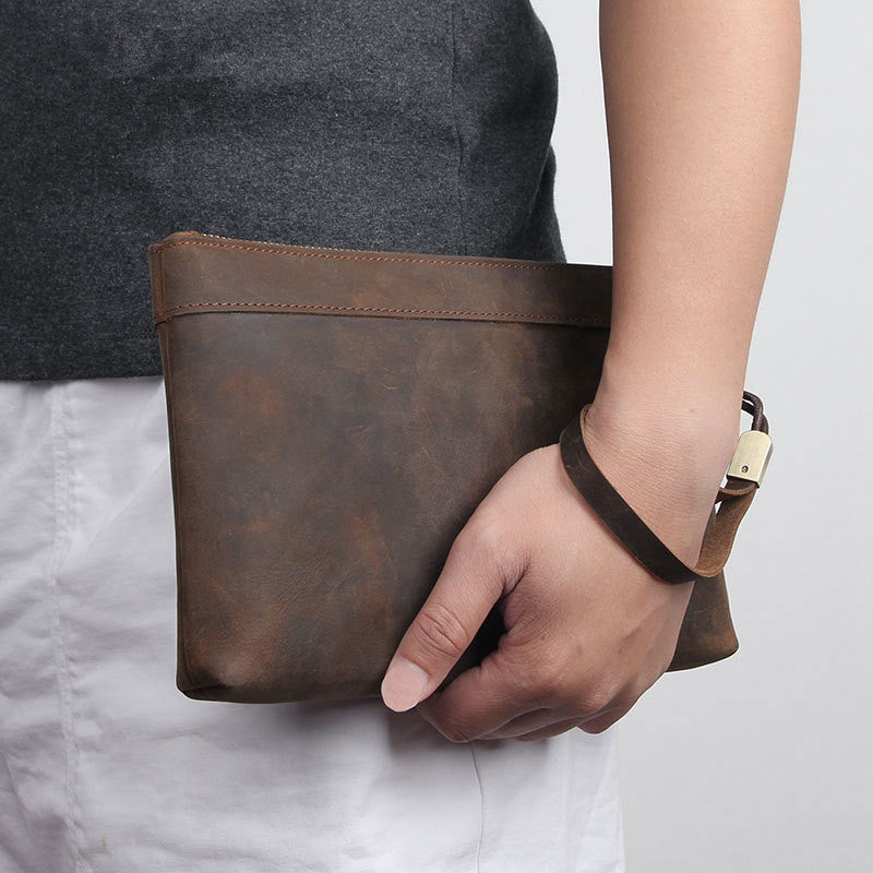 Dark Brown Leather Mens 8 inches Envelope Bag Wristlet Wallet Bag Zipper Clutch Wallet For Men - iwalletsmen