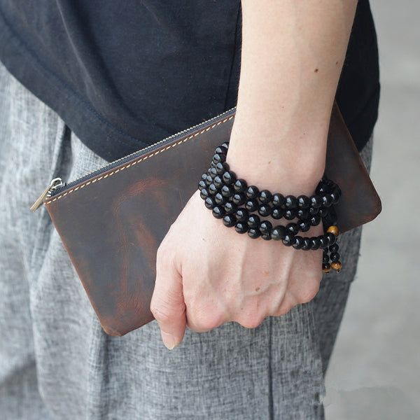 Vintage Dark Brown Leather Mens Phone Wallet Clutch Bag Wristlet Bag Zipper Long Wallet For Men - iwalletsmen