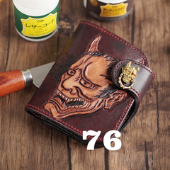 Brown Handmade Tooled Hannya Leather Mens Small Bifold Biker Wallet billfold Wallet For Men - iwalletsmen