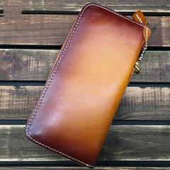 Brown Handmade Tibet Tooled Leather Long Biker Wallet Black Chain Wallet Clutch Wallet For Men - iwalletsmen