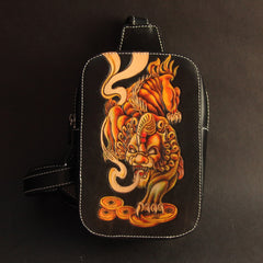 Cool Handmade Tooled Leather Dragon Carp Sling Bag Chest Bag One Shoulder Backpack For Men - iwalletsmen