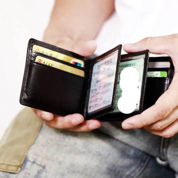 Genuine Leather Mens Cool Black billfold Leather Card Wallet Men Small Wallets License Wallet License Holder for Men - iwalletsmen