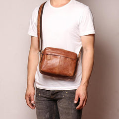 Black Leather Small Zipper Messenger Bag Courier Bag Brown Postman Bag For Men - iwalletsmen