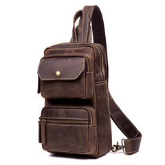 Cool Brown Leather Mens Sling Pack Sling Bags Coffee Crossbody Pack Chest Bag for men - iwalletsmen