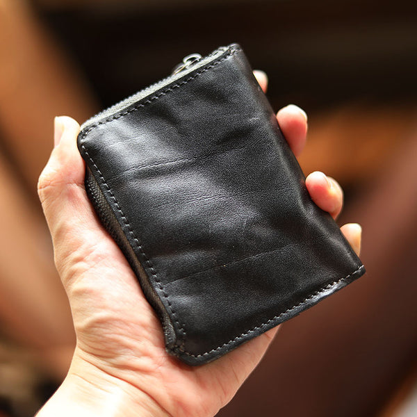 mini zip wallet​ Cool Black Leather Mens billfold Wallet Bifold SMall Wallet Black Front Pocket Wallet For Men - iwalletsmen