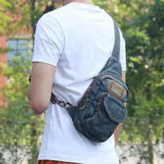 Denim Vintage Blue Messenger Bag Chest Bag Jean Blue One Shoulder Backpack For Men - iwalletsmen