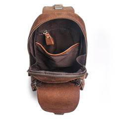 Cool Brown Leather Men's Sling Bag Chest Bag One-Shoulder Backpack For Men - iwalletsmen