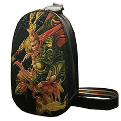 Black Handmade Tooled Leather Monkey King Sling Bag Chest Bag One Shoulder Backpack For Men - iwalletsmen