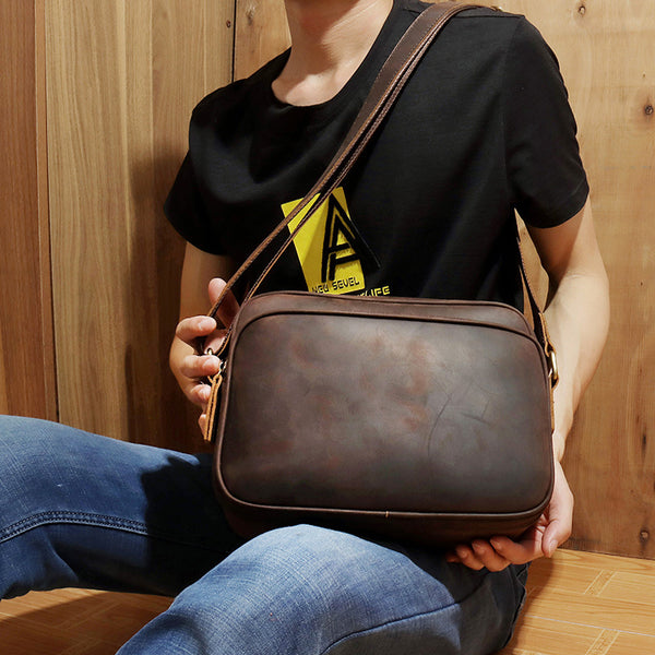 Coffee Leather Small Mens Messenger Bag Side Bag Vintage Brown Courier Bag For Men - iwalletsmen