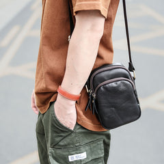 Black Vintage Leather Mens Small MIni Postman Shoulder Bag Phone Messenger Bag For Men - iwalletsmen