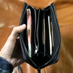 Genuine Leather Mens Cool Biker Chain Wallet Long Leather Wallet Clutch Wristlet Wallet for Men
