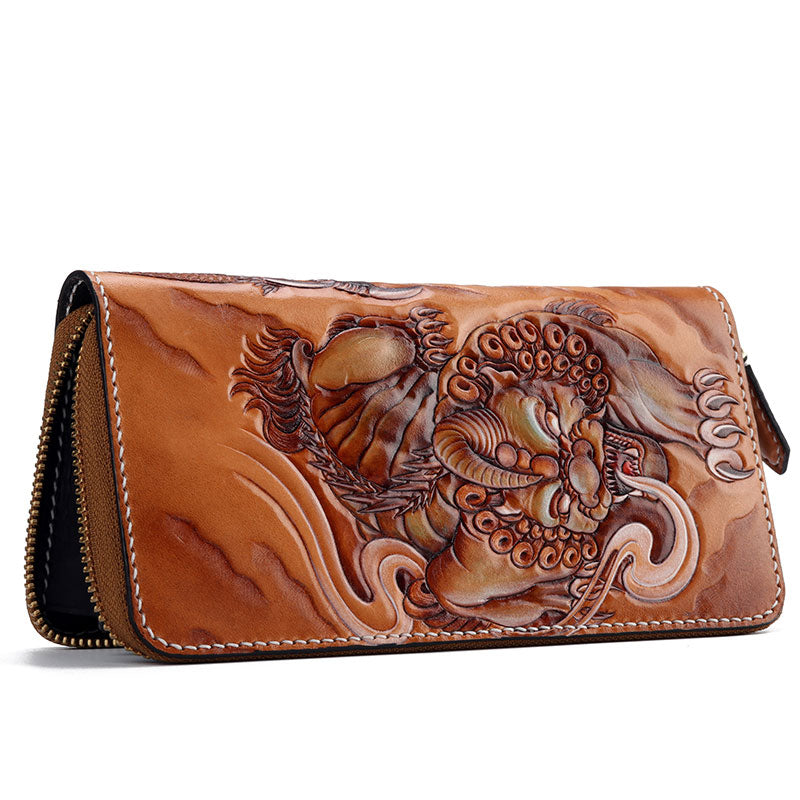 Handmade Leather Tooled Long Chinese Dragon Mens Chain Biker Wallet Co