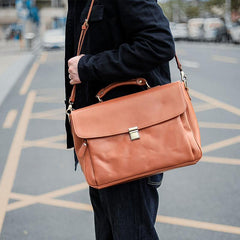 Vintage Light Brown Mens Leather Briefcase Work Handbags Brown 14'' Computer Briefcase For Men - iwalletsmen
