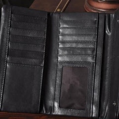 Handmade Leather Mens Cool Long Leather Wallet Trifold Clutch Wallet for Men