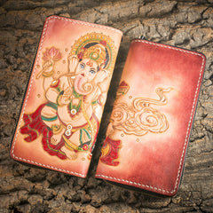 Handmade Leather Mens Clutch Wallet Tooled Cool Ganesha Wallet Long Zipper Wallets for Men