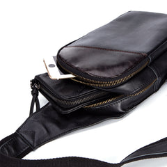 Casual Black Leather Mens Sling Bag Chest Bag Black Sling Shoulder Bag One Shoulder Backpack for Men - iwalletsmen