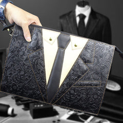 Handmade Leather Floral Tooled Mens Clutch Cool Slim Wallet Zipper Clutch Wristlet Wallet for Men