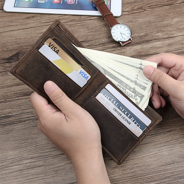 Best Brown Bifold Leather Mens Wallet Slim Wallet Billfold Wallet Driver's License Wallet for Men - iwalletsmen