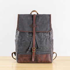 Gray Waxed Canvas Mens Large 15'' Laptop Backpack College Backpack Hiking Backpack for Men - iwalletsmen