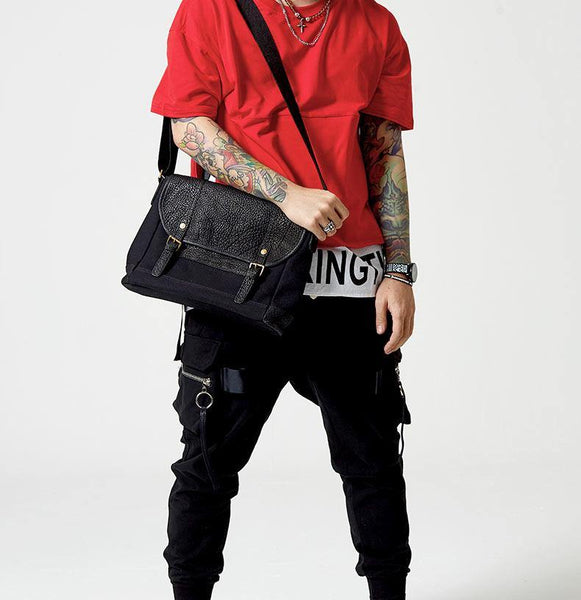 Black Canvas Leather Mens Side Bags Messenger Bags Dark Coffee Canvas Courier Bag for Men - iwalletsmen