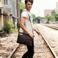 Fashion Black Mens Leather 10 inches Mens Gray Messenger Bag Brown Courier Bag Clutch Bag for Men - iwalletsmen