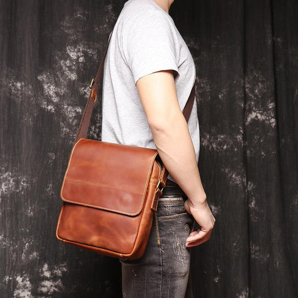 Best Brown Leather Men's Vertical Side Bag Brown Courier Bag Vertical Messenger Bag For Men - iwalletsmen