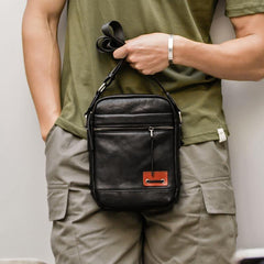 Black Small Leather Mens Vertical Side Bag Black Mini Postman Bag Messenger Bags Phone Bag for Men - iwalletsmen