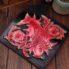Handmade Mens Cool Tooled Carp Leather Chain Wallet Biker Trucker Wallet with Chain