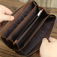 Braided Leather Long Wallet for Men Woven Bifold Long Wallet Brown Zip Cards Wallet For Men - iwalletsmen