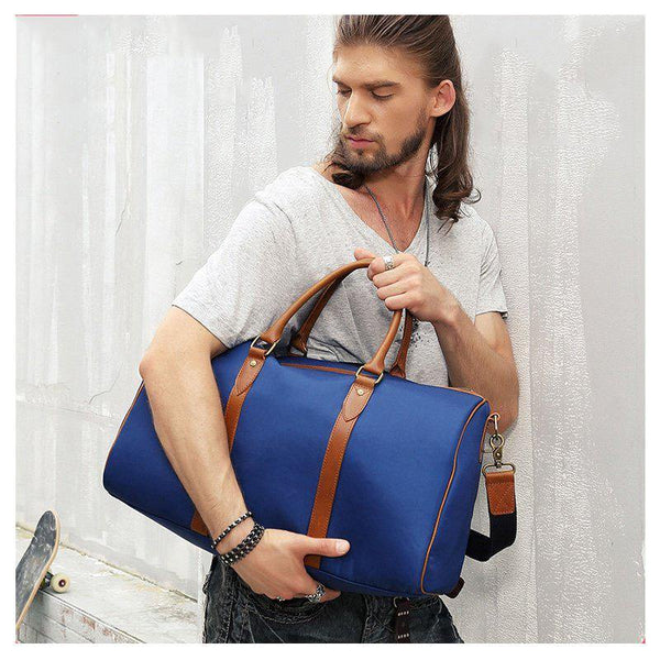 Blue Nylon Leather Mens Travel Bag Weekender Bag Sports Shoulder Bag Large Travel Bag for Men - iwalletsmen