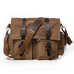 Canvas Leather Women Mens Blue 15'' Messenger Bag Khaki Side Bag Brown Shoulder Bag For Men - iwalletsmen