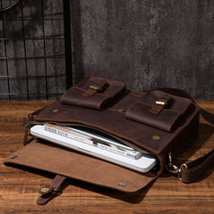 Cool Coffee Leather Mens Briefcase 14inch Laptop Bag Work Handbag Business Bag for Men - iwalletsmen