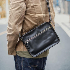 Black Leather Mens Casual Small Courier Bags Messenger Bag Coffee Brown Postman Bag For Men - iwalletsmen