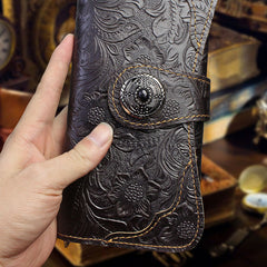 Handmade Leather Floral Mens Cool Travel Long Wallet Card Holder Card Slim Clutch Wallets for Men